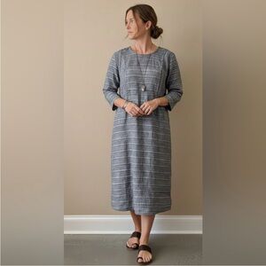 Flax Linen Lagenlook Boho 3/4 Sleeve Dress Women's SMALL Striped Shift Coastal